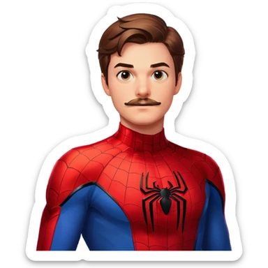 cartoon style, Peter Parker with mustache in Spiderman suit, city background, vibrant colors, 8k, high resolution sticker
