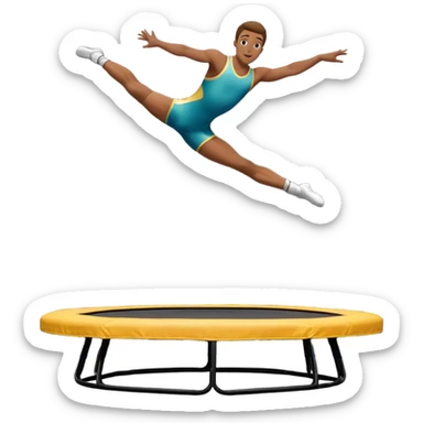 An athletic person soaring high above a trampoline, executing an acrobatic flip with perfect form. The scene captures motion and energy, with a dynamic pose, stretched limbs, and a focused expression. The background suggests a professional trampoline arena with safety padding. sticker