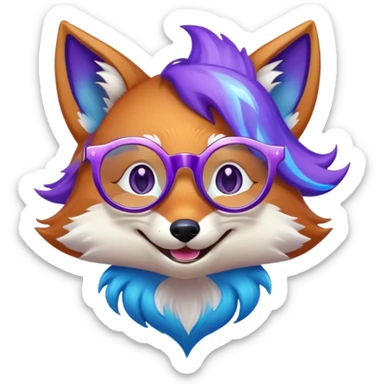 A magical fox with shimmering purple and blue fur, a glowing tail, a silver star on its forehead, and round glasses, laughing so hard that tears are streaming from its eyes. 🦊😂 sticker