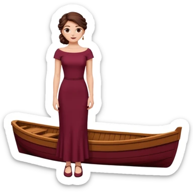 Chica blanca ,ojos marrones, vestido granate ajustado largo, escote barco cuerpo entero ,pelo muy largo y recogido zapatos abiertos sticker