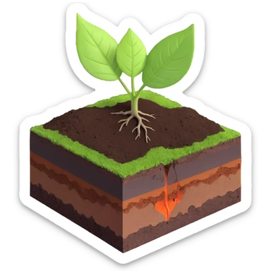 A fresh green leaf resting on the surface of a cross-section of the Earth, where soil and underground layers are visible beneath. Natural lighting, realistic textures. sticker