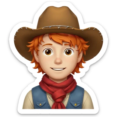 a wavy orange hair boy wearing a cowboy hat with a mischievous grin and freckles with western red scarf on his neck sticker