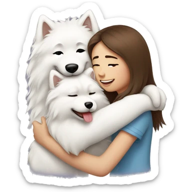 Girl with brown long hair hugging a boy samoyed and girl samoyed sticker