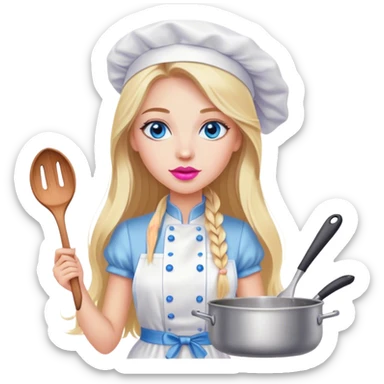 Cinematic realistic beautiful blonde with long hair, blue eyes and pink lips in a white dress cooks sticker