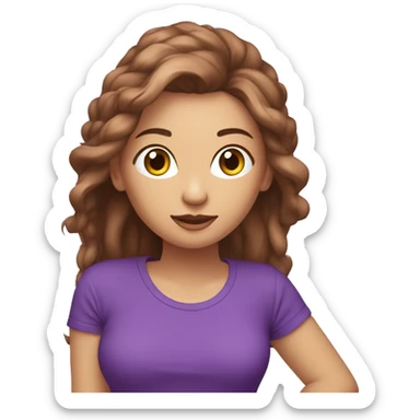 Femme aux cheveux longs châtains avec les yeux verts et marrons avec un t-shirt violet sticker