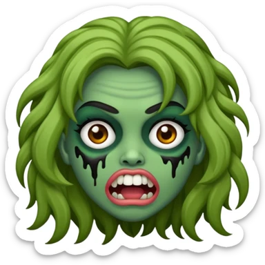 Faça um emoji de zumbi que se pareça comigo. Categorias: cabelo ondulados pretos, pele verde, usa aparelho! Personagem: feminina. sticker