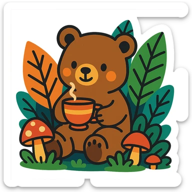 little bear sipping tea in the forest, surrounded by leaves and mushrooms, vibrant-toon style sticker