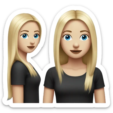 White skinned girl with medium length blonde straight hair with middle part and blue eyes with black shirt sticker