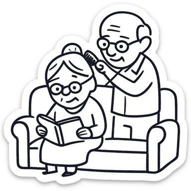 An elderly man combing the hair of an elderly woman sitting on a sofa reading a book sticker
