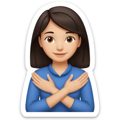 make an emoji of a girl with medium skin and very dark brown hair. her hands are crossed and holding the front of her neck. her face is smiling sticker