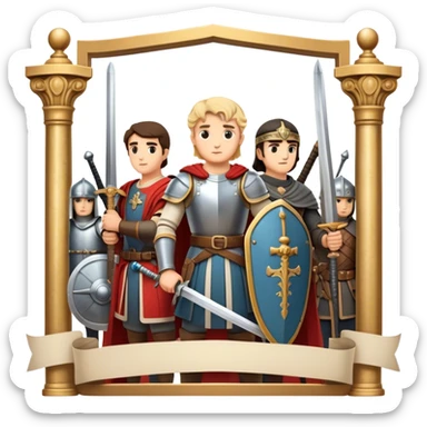 Icon for Historical Movies: A vintage movie poster-style design with elements of ancient architecture, historical figures in period costumes, and a backdrop of a historical event or battle. Include scrolls, swords, and shields. Retro cinematic feel. Transparent background. sticker