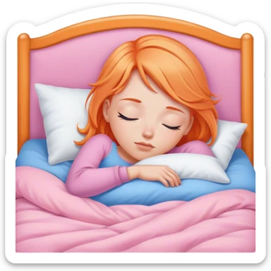 girl with light orange hair and blue eyes asleep in pink bed sticker