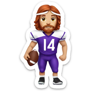 Redhead jesus playing American football wearing purple number 14 sticker
