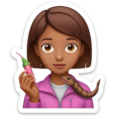 a girl with brown eyes, brown short hair and a worm sticker