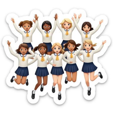 six girls in school uniforms jumping together sticker