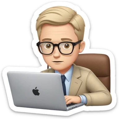 white male journalist typing on a laptop, wearing glasses, focused expression sticker
