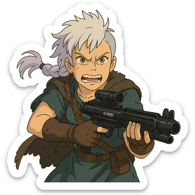 1 FEMALE, GOLD YELLOW EYES, WHITE HAIR LAVENDER TIPS, MESSY LOCKS BANGS MOHAWK, LONG BRAID, MERCENARY GARB, HOLDING A STORMTROOPER'S E11 BLASTER RIFLE, BRANDISHING, FURIOUS GLARE, GRITTING TEETH sticker