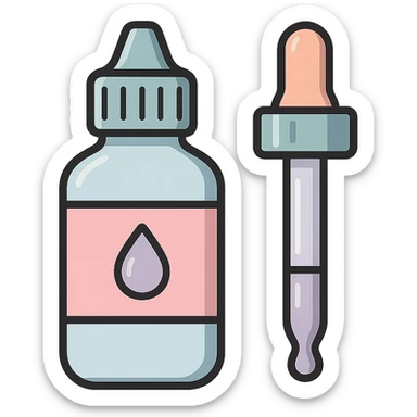 eye drops bottle and pipette side by side, vector look with shadows and highlights, detailed shading, thin clean outlines, soft rounded features, pastel palette #98B5BC #B5B3C1 #C9A3C9 #E4C0CA #F7DCD1 #F7C0AA, Japanese pop art, sticker look, highly detailed, transparent background sticker