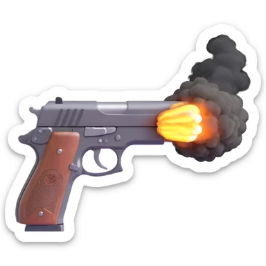 A realistic handgun firing a bullet, with muzzle flash and smoke coming out of the barrel sticker