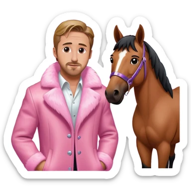 Ken playing by Ryan Gosling in a pink mojo jojo casa house wearing a white fur coat standing next to a horse a horse sticker