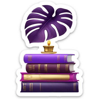 An elegant still life featuring a stack of light and dark violet books, a pink monstera plant, and a brass candle holder. sticker