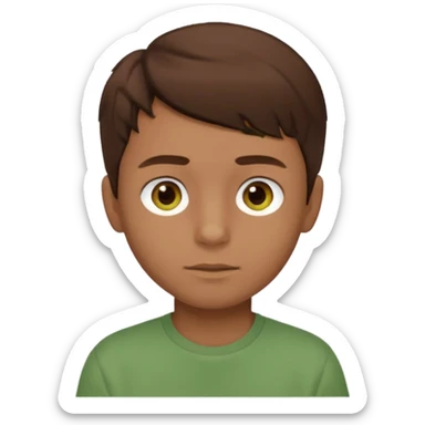 a boy with brown eyes and hair with a green shirt sticker