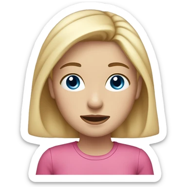 a girl with freckles and blue eyes, blonde hair and dark roots. pink clothes sticker