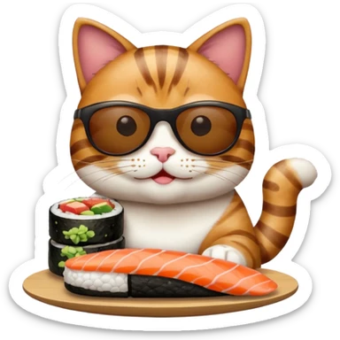happy cat wearing sunglasses and eating sushi sticker