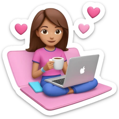 3D clay character relaxed with laptop and coffee, floating icons (envelope, heart, dollar), colofrful outfit, pink (#FF6B9D) floating icons, white laptop, Pixar style, transparent background sticker