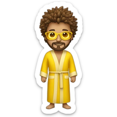 man with golden glasses, brown spikey hair and beard in yellow bathrobe sticker