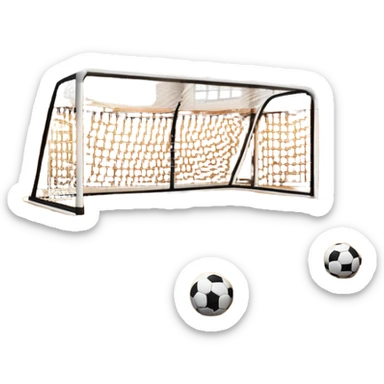 A close-up of footballs and a goal on a covered indoor futsal court with a wooden floor. The scene highlights the details of the balls and goalposts, with the smooth, polished court surface creating a clean and focused atmosphere for the game. sticker
