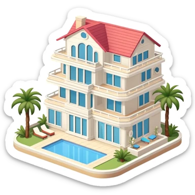 Malibu mansion, isometric dollhouse-style, realistic sticker