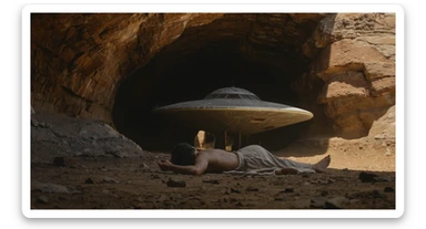 cinematic still, documentary photography, acient egypt, back shot of a man dress in ancient clothes in cave on ground laying front of small ufo starship, palms, dynamic scane, leading lines, captured by arri alexa, depth layers, piramids in babckground sticker