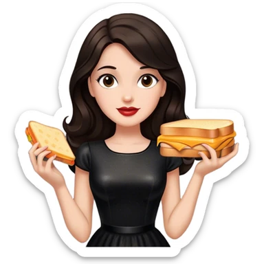 Beautiful woman in 1950’s woman fashion look, black shimmery dress, long dark brown hair, grilled cheese sandwiche sticker