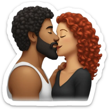 Brown man with a smooth black hair cut fade and a black beard kissing a White woman with long red curly hair sticker