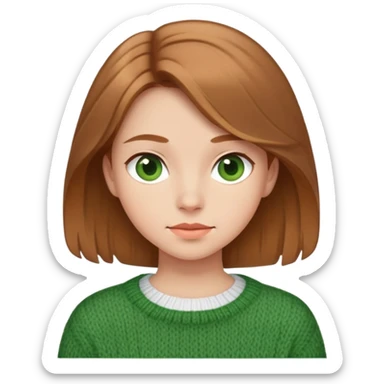 girl with light brown hair in a white top under a green wool sweater sticker