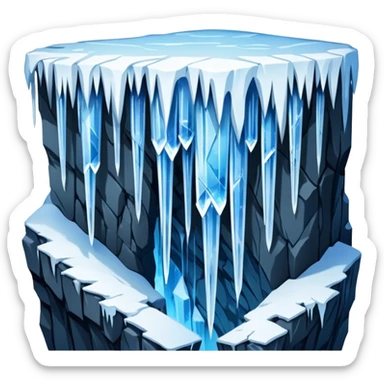 A stunning winter scene showing long, sharp icicles hanging from a frozen cliff or ledge, glistening in bright daylight. The surface is covered in snow and ice, with a cold blue and white color palette, highly detailed, realistic lighting, and frosty atmosphere. sticker