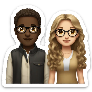 A girl with light skin, long and straight hair which is light brown and black glasses next to a boy who is dark skinned, only he has curly hair and he doesn't have glasses sticker