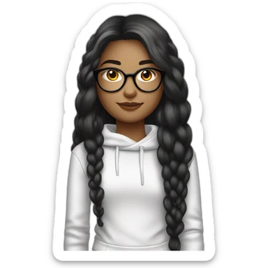 une fille avec de long cheveux noir lisse, la peau blanche ,et avec des lunette (en forme de carrer un peu déformé) assez grosse comparer a ça tête , portant un pull noir sticker