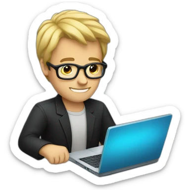 a man with blond hair with black glasses with a laptop in his hands sticker