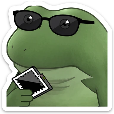 bufo with triangle shaped 8 bit sunglasses full black, confident smile, with a black hole in his hand sticker