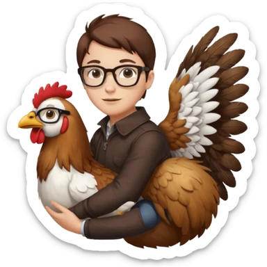 A dued whareing glasses that's ridding a dog-chicken mix sticker