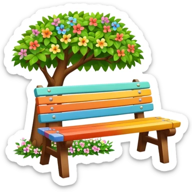 multicolored bench under a leafy tree with tiny flowers, clean and friendly sticker