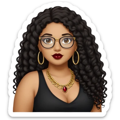 teen big plus size, latina, darker tan skin, gold jewelry, long black curly hair, baddie,pretty, makeup, dark red lipgloss, black eyeliner, long hair, black top, black glasses sticker