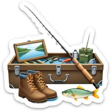 Icon for Fishing Travel: a fishing rod, tackle box, boots, and a boat by a serene lake, with fish jumping out of the water and surrounded by lush nature. The icon should capture the peaceful and adventurous spirit of fishing trips. Transparent background. sticker