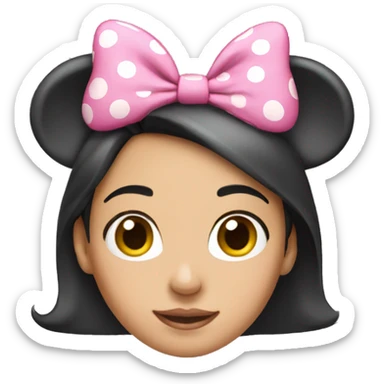 brunette girl wearing pink minnie ears sticker