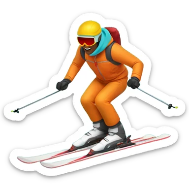 man skiing in dark yellow orange jacket with red helmet and turquoise pants sticker