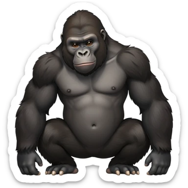 cinematic-friendly relaxed young gorilla-realistic-full-body-crouched on all fours on knuckles-emoji,-poised-with-confidence,-massive-arms-hanging-slightly-forward,-head-tilted-thoughtfully,-thick-black-fur, friendly ,-simplified-yet-realistic sticker