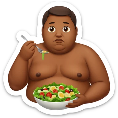 Obese brown man topless eating salad, sad sticker