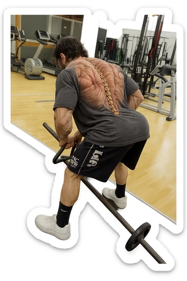 lascia questa immagine identica in cui lui esegue un T-bar con triangolo ma aggiungi fasci muscolari e spina dorsale sulla sua schiena, iperealistico 4k sticker